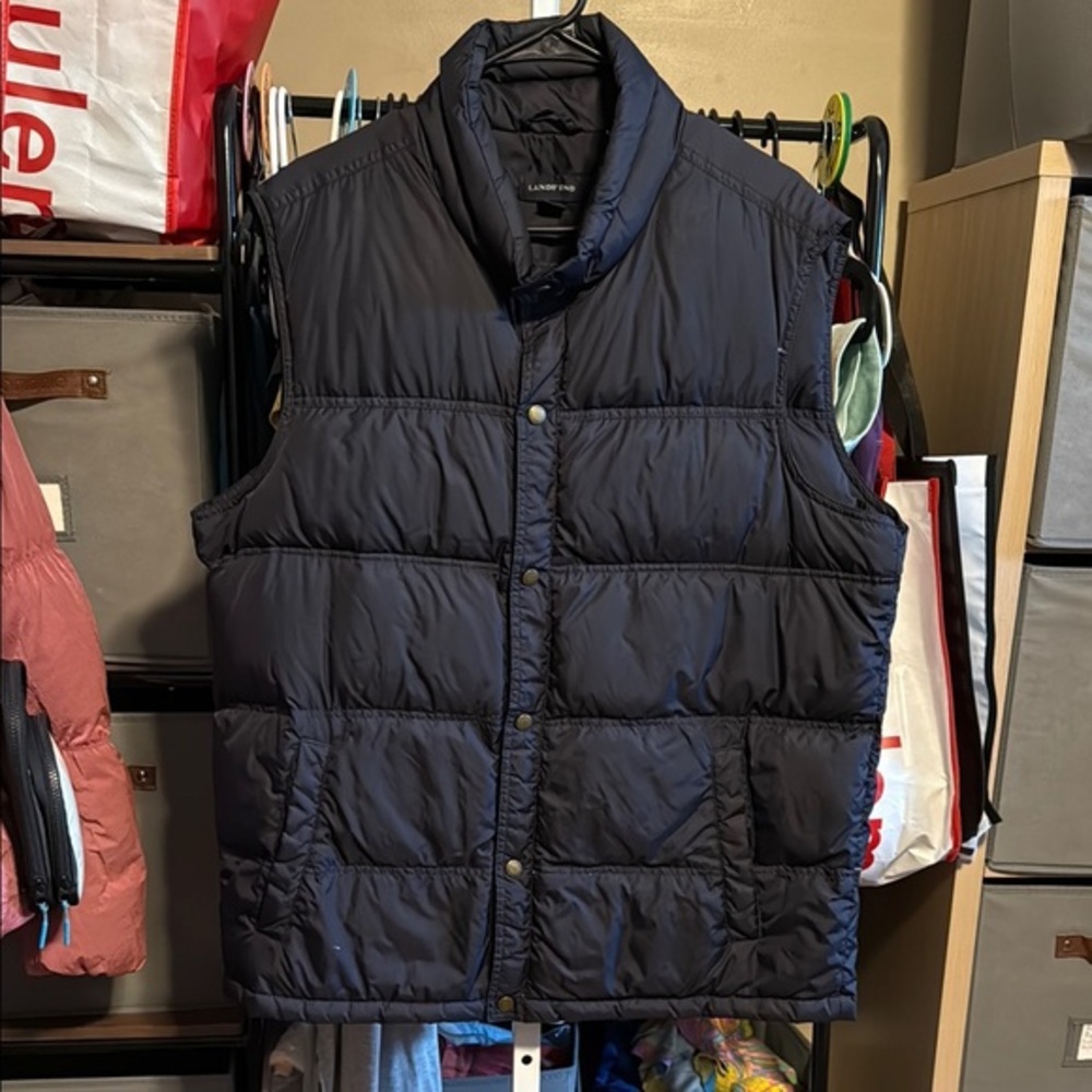 Lands End Goose Down Button Up Puffer Vest Sz Large Navy Blue READ